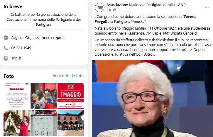 Addio Ad Anuska: È Morta Teresa Vergalli, Partigiana Della Resistenza